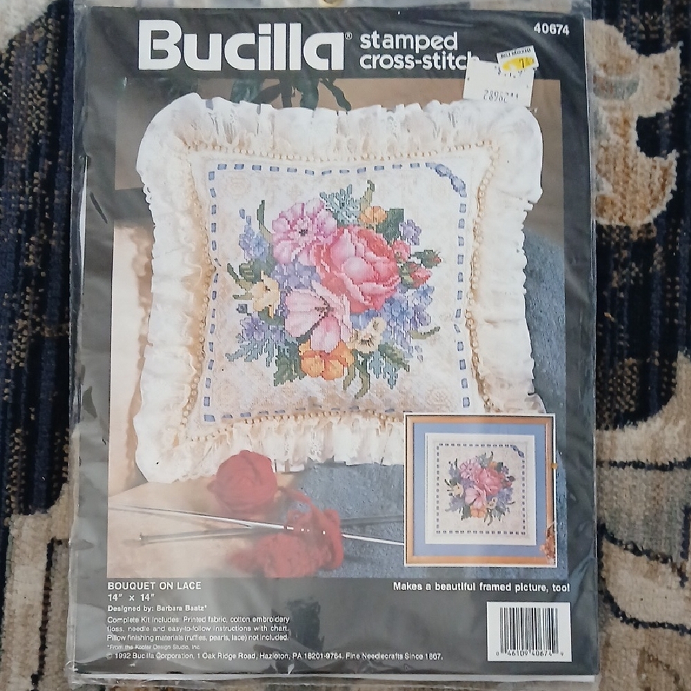 Bucilla Stamped Cross-Stitch Kit with Pink and Purple Flowers